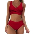 thumbnail image 2 of HAPIMO Women's 2Pc Bikini Sets Ruched Soild Color Vintage High Waist Tropical Hawaii Swimsuit Trendy Bikini Sleeveless Summer Beach Red XL, 2 of 9