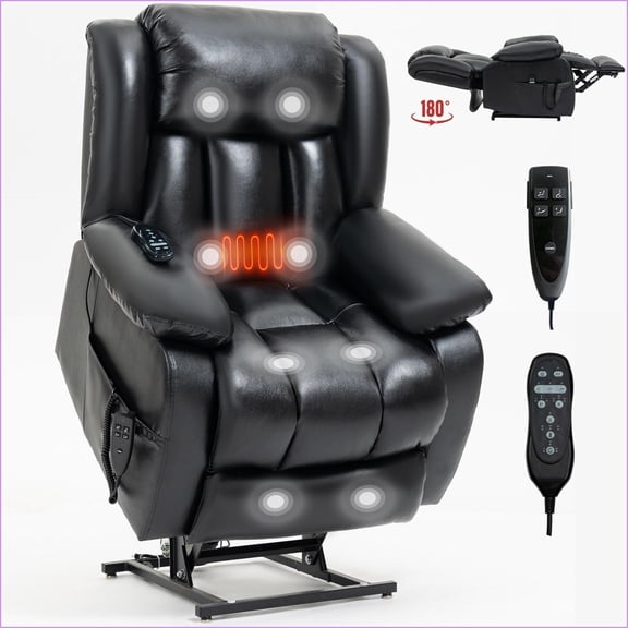 Recliners Power Lift Chair with Dual Motor, 8-Point Massage & Lumbar Heating | 350 LBS | Black | Genuine Leather