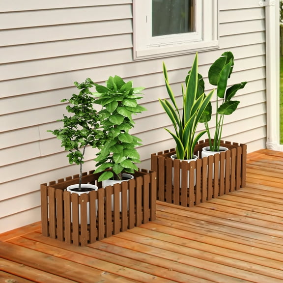 Furinno Tioman Hardwood Slat Style Flower Planter Box in Teak Oil