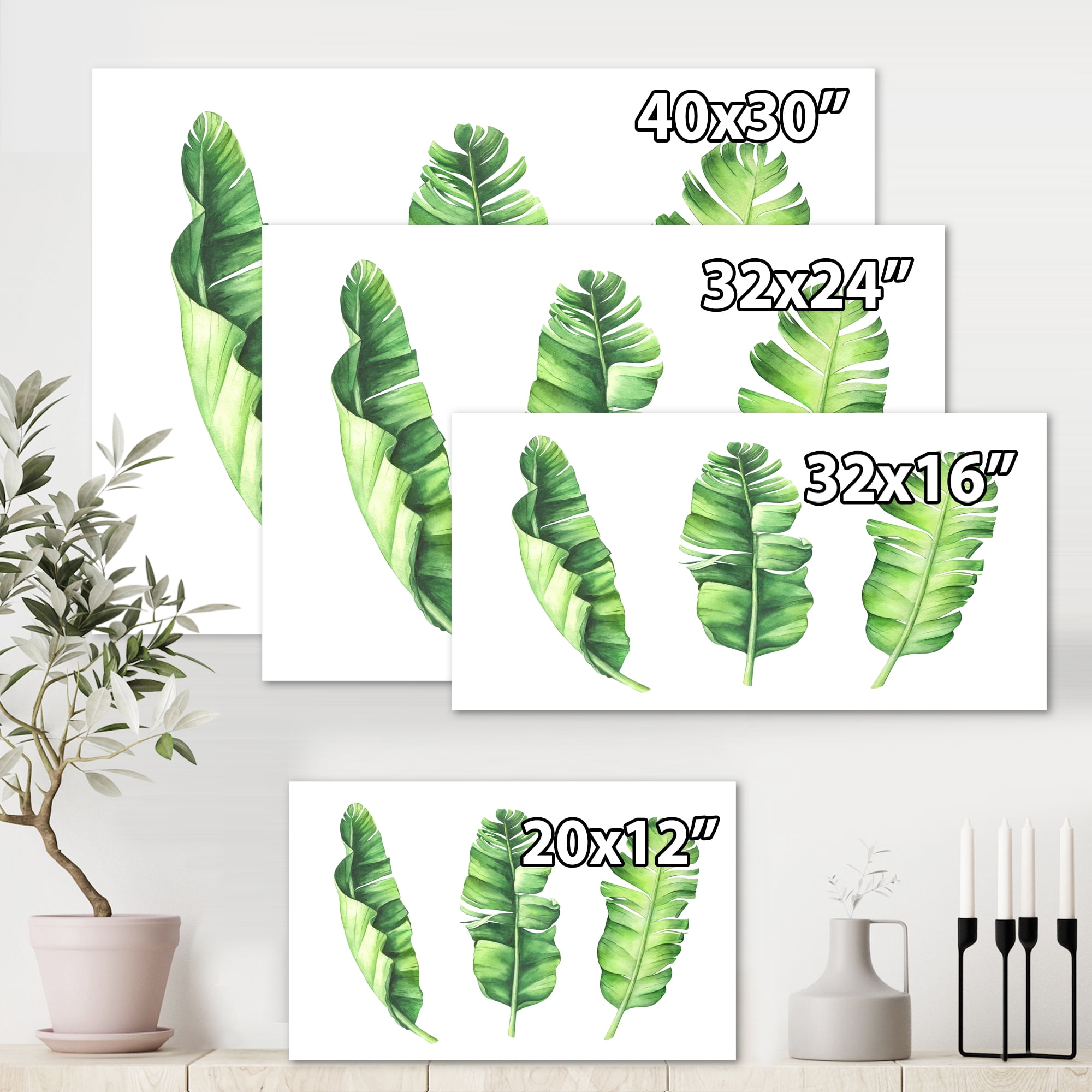 Tropical Banana Leaves Set On White 32 in x 24 in Painting Canvas Art Print, by Designart
