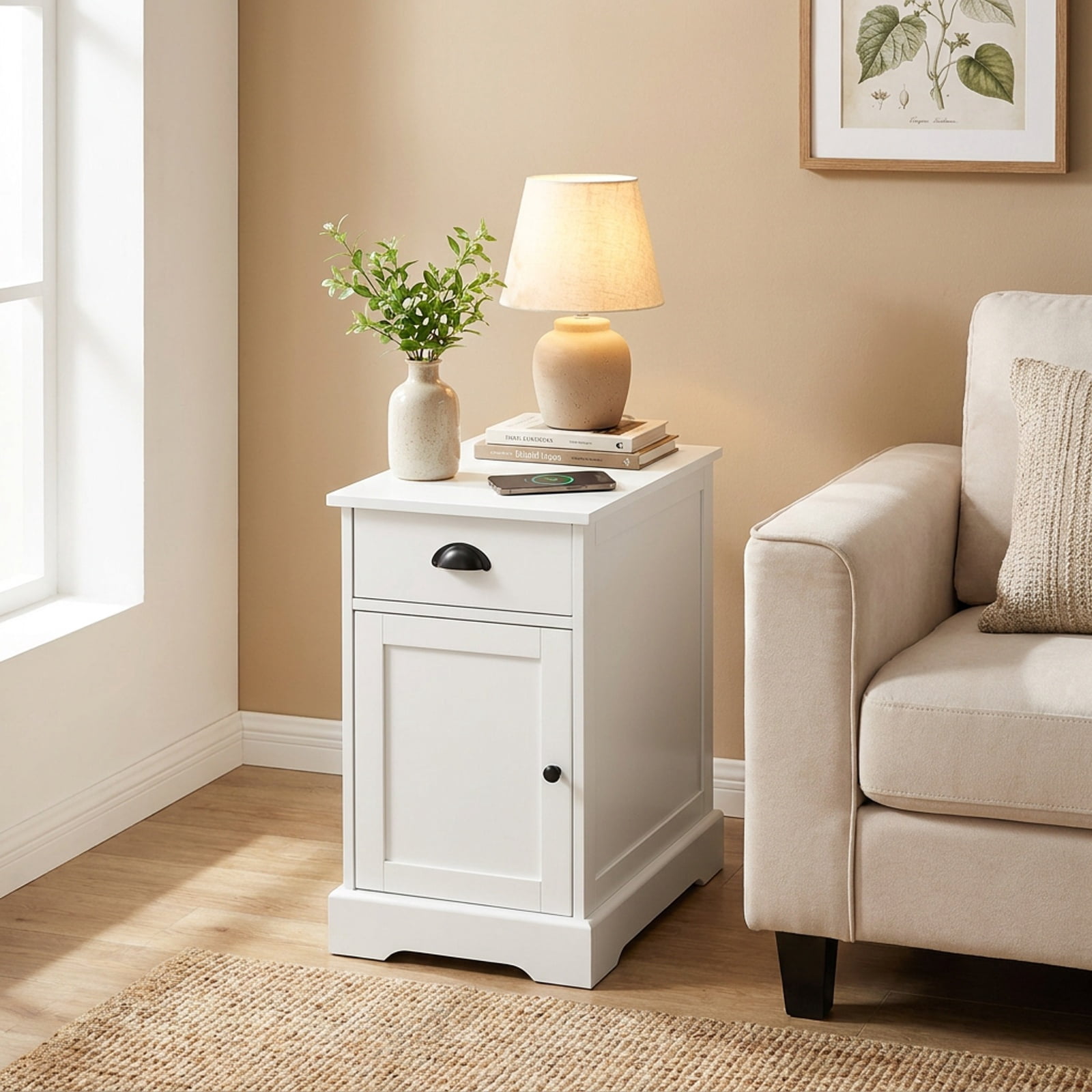 Furnibear End Table with Charging Station Flip Top and Drawer Cabinet Magazine Holder for Living Room Bedroom Sofa Side Narrow Spaces, White