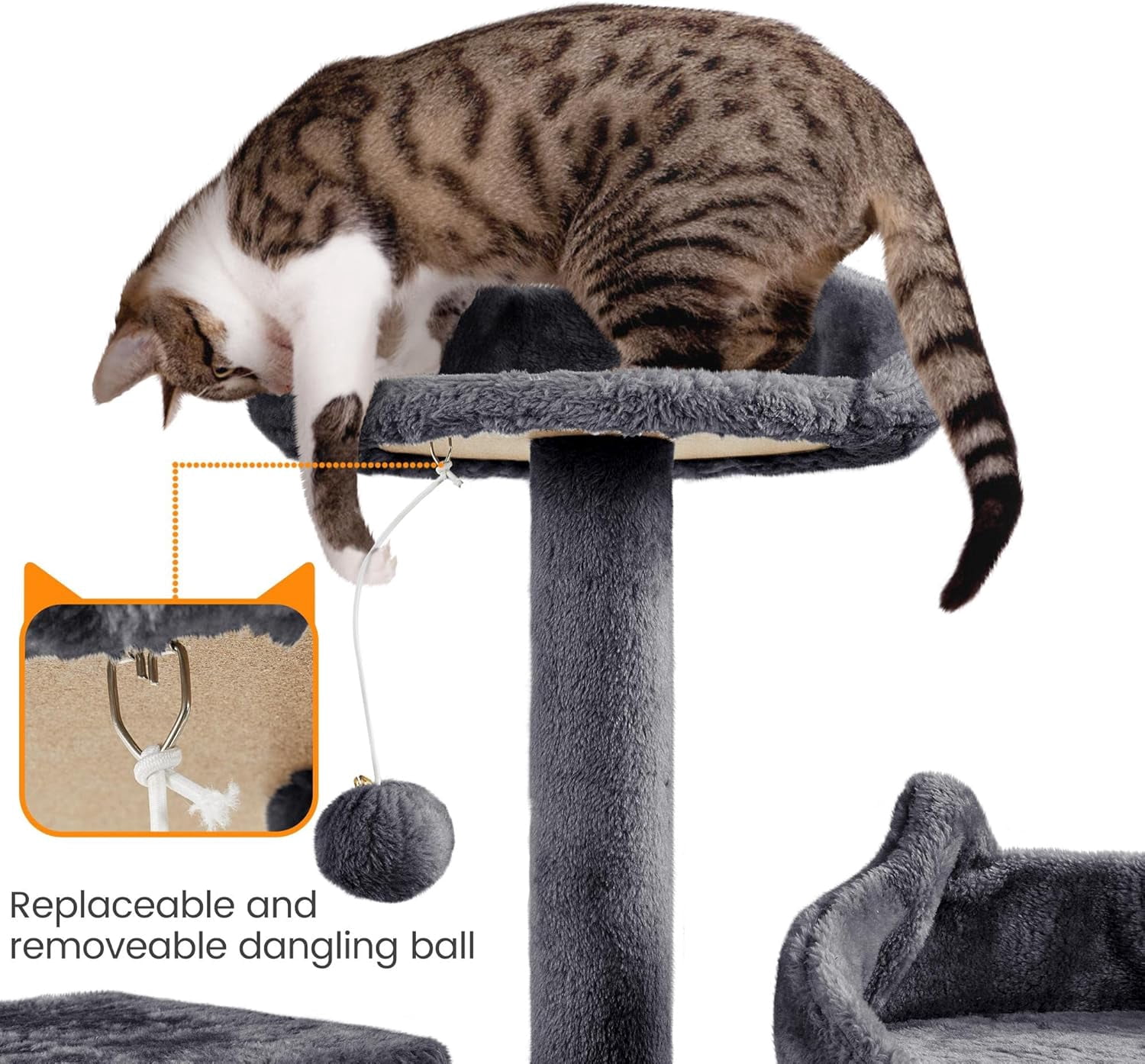 ZYPPP XL Cat Tree, 72in Multi-Level Cat Tower with 2 Cozy Caves, 3 Soft Perches, Scratching Posts, Board, and Dangling Ball, Pet Furniture Play House for Kittens/Cats, Dark Gray