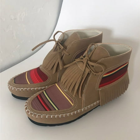 

Women Boots Shoes Round Toe Retro Stitching Ethnic Style Suede Fringed Lace-up Female Boots