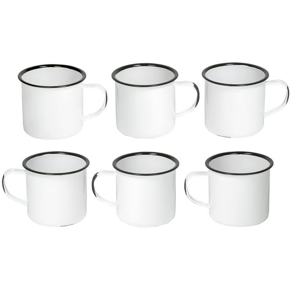 Red Co. Set of 6 Enamelware Metal Medium Classic 12 Oz Round Coffee and Tea Mug with Handle, Distressed White/Black Rim