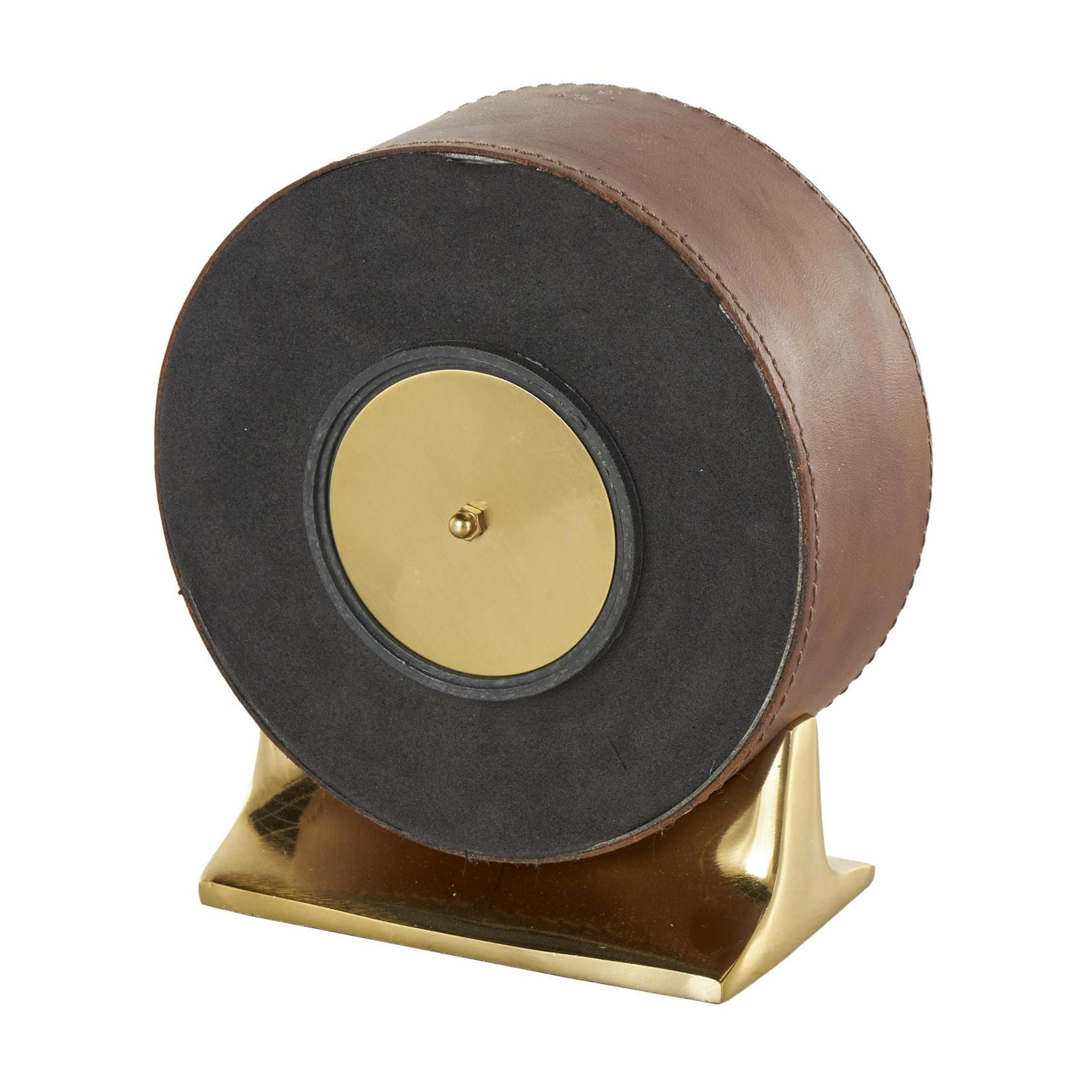DecMode 7" Brown Faux Leather Round Clock with Gold Rectangular Base