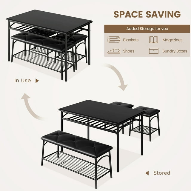 Contemporary 4-Piece Dining Table Set – Upholstered Bench & 2 Square Stools – Rectangular Metal Frame, Storage Shelves – Space-Saving Dining Room Furniture for Apartments – Black color