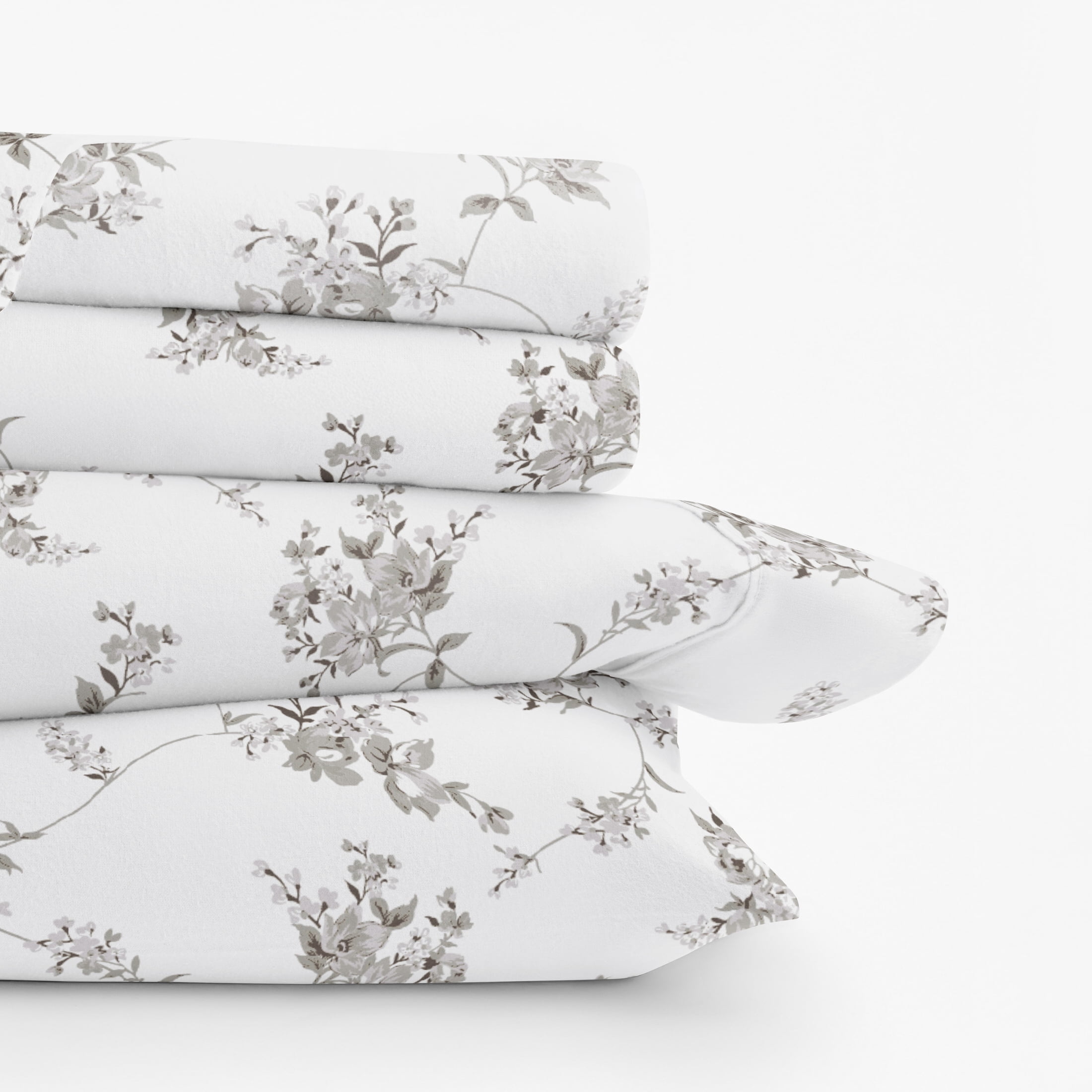 Gray Sylvan Rose 4 Piece 100% Cotton Flannel Deep Pocket Sheet Set, Full, by Noble Linens
