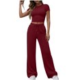 thumbnail image 2 of Bloomae Women 2 Piece Lounge Sweatsuit Sets Casual Summer Short Sleeve Crewneck Basic Cropped T-Shirts and Drawstring Elastic Waist Wide Leg Sweatpants Matching Tracksuit Outfits Wine L, 2 of 9