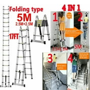 16.5FT Aluminum Telescoping Extension Ladder 330lbs Max Capacity Lightweight Portable Multi-Purpose Folding with Support Bar Anti-Slip EN131 Certificated