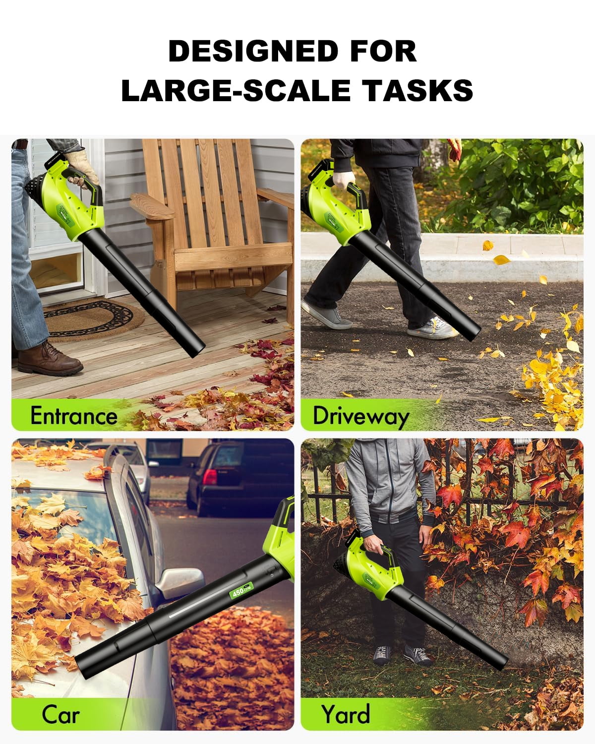 Firstness Cordless Leaf Blower, 20V Leaf Blower with 2 Batteries & Charger, Up to 450CFM/145MPH, 2 Variable Speed, Lightweight for Blowing Leaves, Patio Cleaning, Lawn Care and Dust