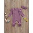 thumbnail image 4 of Xingqing Newborn Baby Girl Fall Clothes Solid Color Ribbed Long Sleeve Zip-Up Footed Romper + Headband Set, 4 of 7