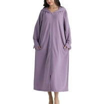 Defitshape Women's Long Hooded Robe Zipper Front Soft Lightweight Long Sleeve Zip Up Bathrobe Comfy Spring Fall Sleeping Lounge Calf Length Maternity Housecoat Purple X-Large