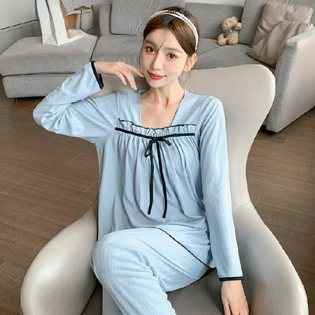

DanceeMangoo Womens Pajama Set Spring Autumn Lace Sleepwear Shirt Women Pijamas Set Long Sleeve Sweet Leisure Girls Trousers Outwear Clothes