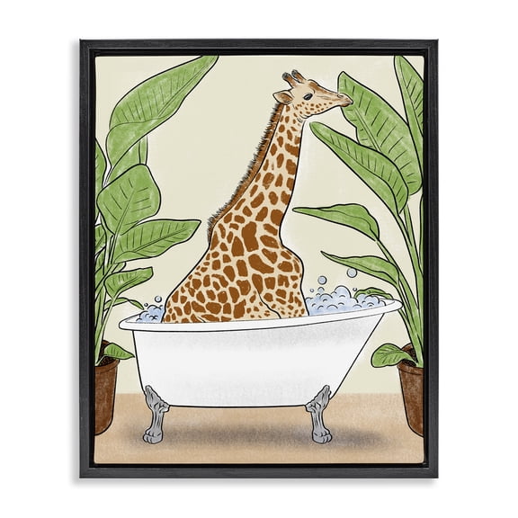 Stupell Industries Bathing Giraffe & Plants Black Framed Floater Canvas Wall Art, design by Marcus Prime
