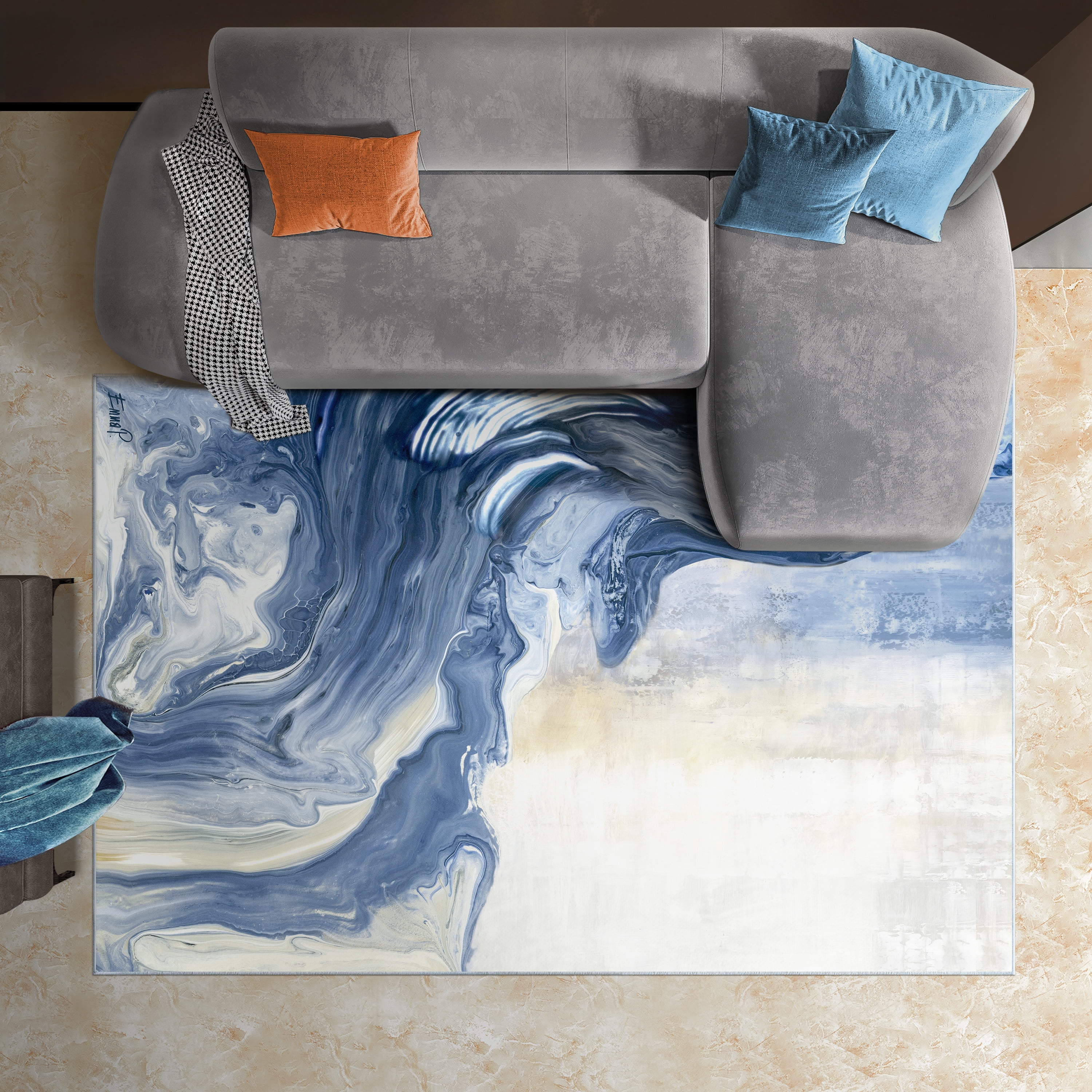 Blue Vulcanic Explosion Washable Abstract Art Area Rug size 5'x8', Power-loomed, Heavenly Softness with Non-Slipping Backing