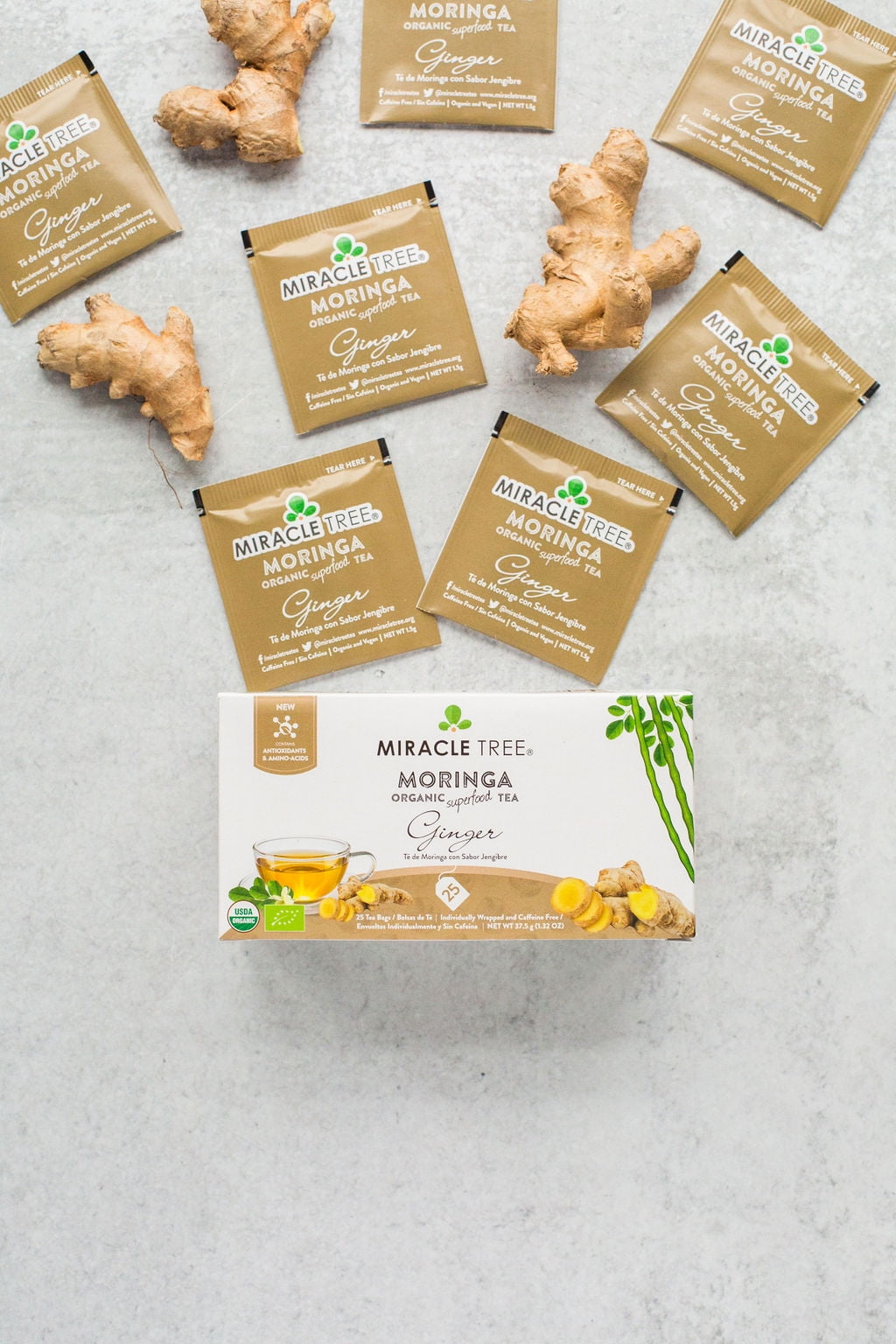 Miracle Tree Organic Moringa Ginger Tea, 25 Enveloped Tea Bags, 6 Count