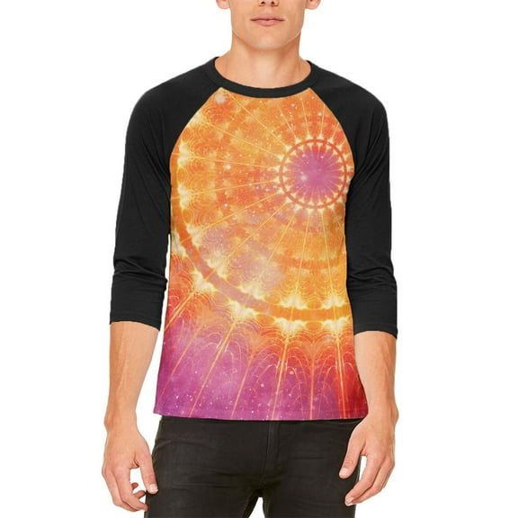 Celestial Cathedral Fractal Mandala Mens Raglan T Shirt White-Black SM