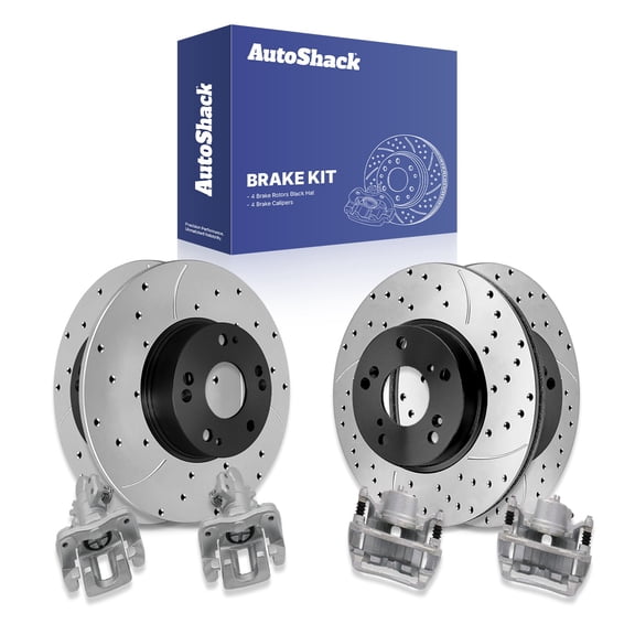 AutoShack Front & Rear Brake Rotors & Calipers for Honda & Acura, Civic 2013-2015 ILX 2014-2015, FWD L4 1.8L 2.0L - E-Coated Drilled & Slotted - ShadowGuard