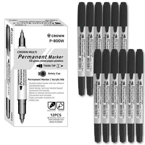 [Crown] Permanent Twin Tip Markers M, Black, Bullet Twin Tip, 12 Count