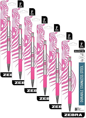 Zebra Pen F-301 Stainless Steel Retractable Ballpoint Pen, 0.7 mm, BCA Pink Barrel, Black Ink (6)