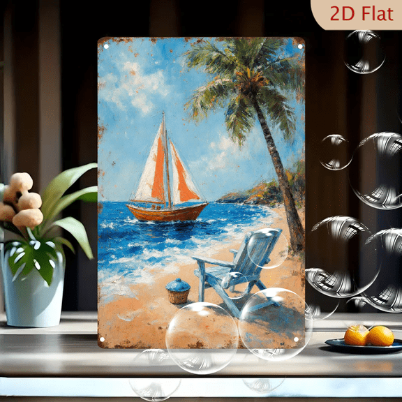 Rustic Vertical Tropical Beach Wall Art, 8x12 Inch Metal Sign Painting with Adirondack Chair, Sailboat & Palm Tree, Impressionist Ocean Scene on Weathered Tin for Home Decor