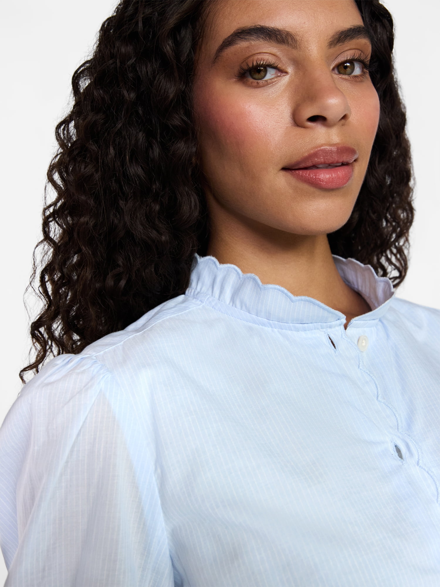 Time and Tru Women's Cotton Scalloped Edge Blouse with Short Sleeves, Sizes XS-XXXL