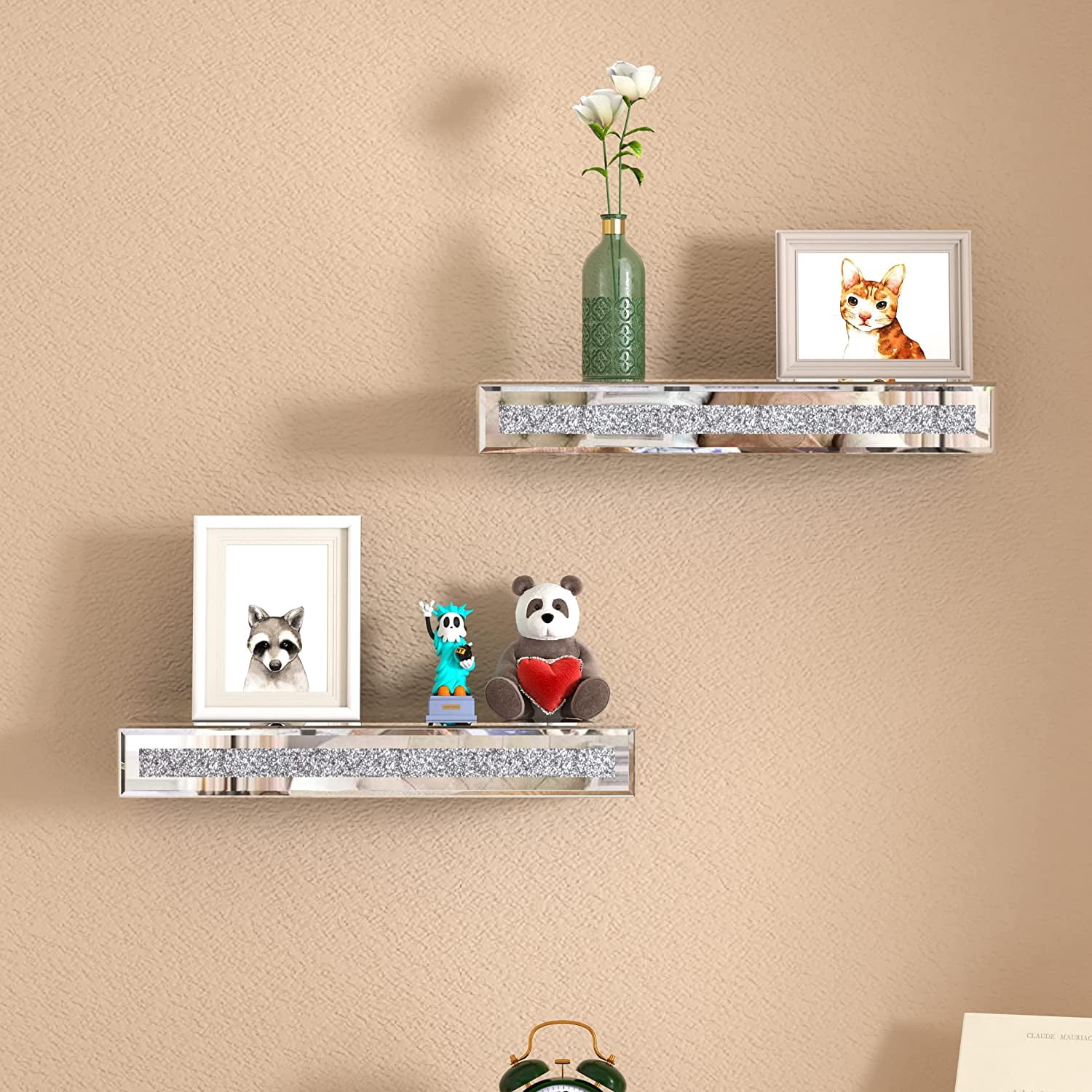 SHYFOY 15"x5.9" Glitter Glass Mirrored Floating Shelves (Set of 2)