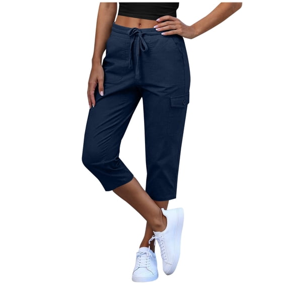 Stamzod Women's Cargo Capri Pant with Pockets Fashion Summer Casual Capris Outdoor Athletic Work Crop Pants Navy XXL