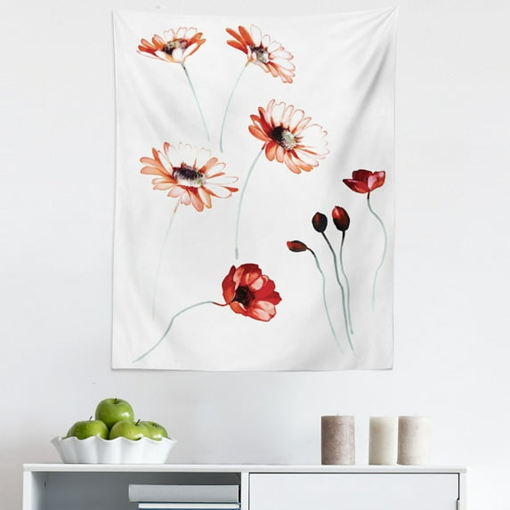 Flower Tapestry, Flower in Watercolor Painting Style Romantic Dramatic Nature Elements, Fabric Wall Hanging Decor for Bedroom Living Room Dorm, 5 Sizes, Orange White, by Ambesonne