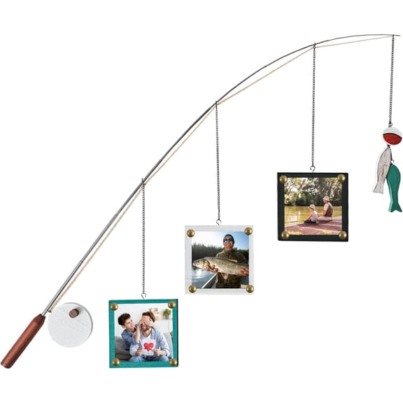 Wooden Fishing Pole Picture Frame Decor,Three 4.7x4.7'' Picture Frames,Adjustable Hanging Wall Decor for Fishing Lovers,Farmhouse Wall,Fisherman and Family Memories