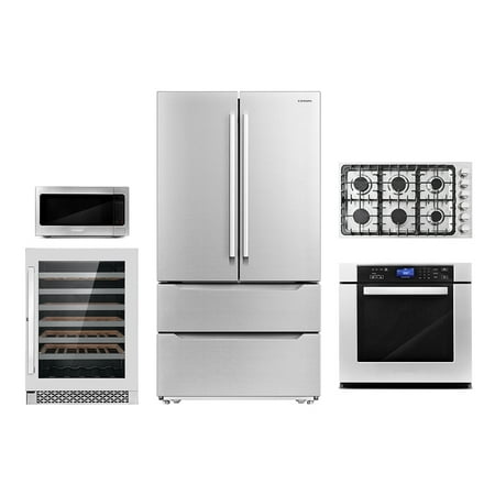 Cosmo 5 Piece Kitchen Package With 36  Gas Cooktop 36  Under Cabinet Range Hood 30  Single Electric Wall Oven 24.4  Countertop Microwave & French Door Refrigerator