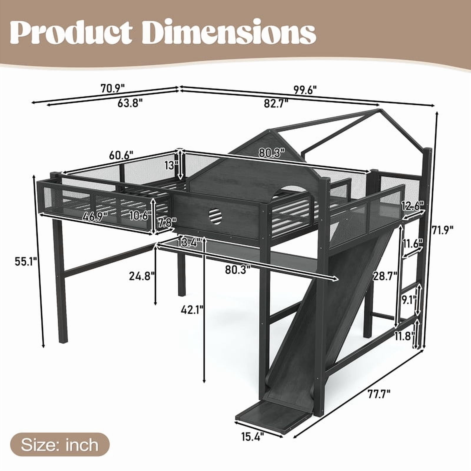 Queen Size House Shaped Kids Loft Bed with Slide, Teens Metal Bed Frame with LED Lights, Desk, Power Outlet & Storage Shelf