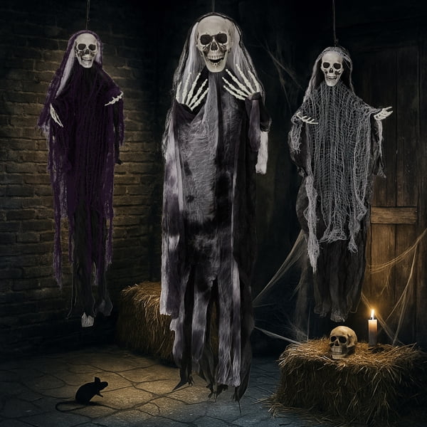 Alvantor 3-Pack Hanging Grim Reaper Halloween Decorations with Adjustable Arms, 4.6 ft and 3 ft, Black Gray and Purple