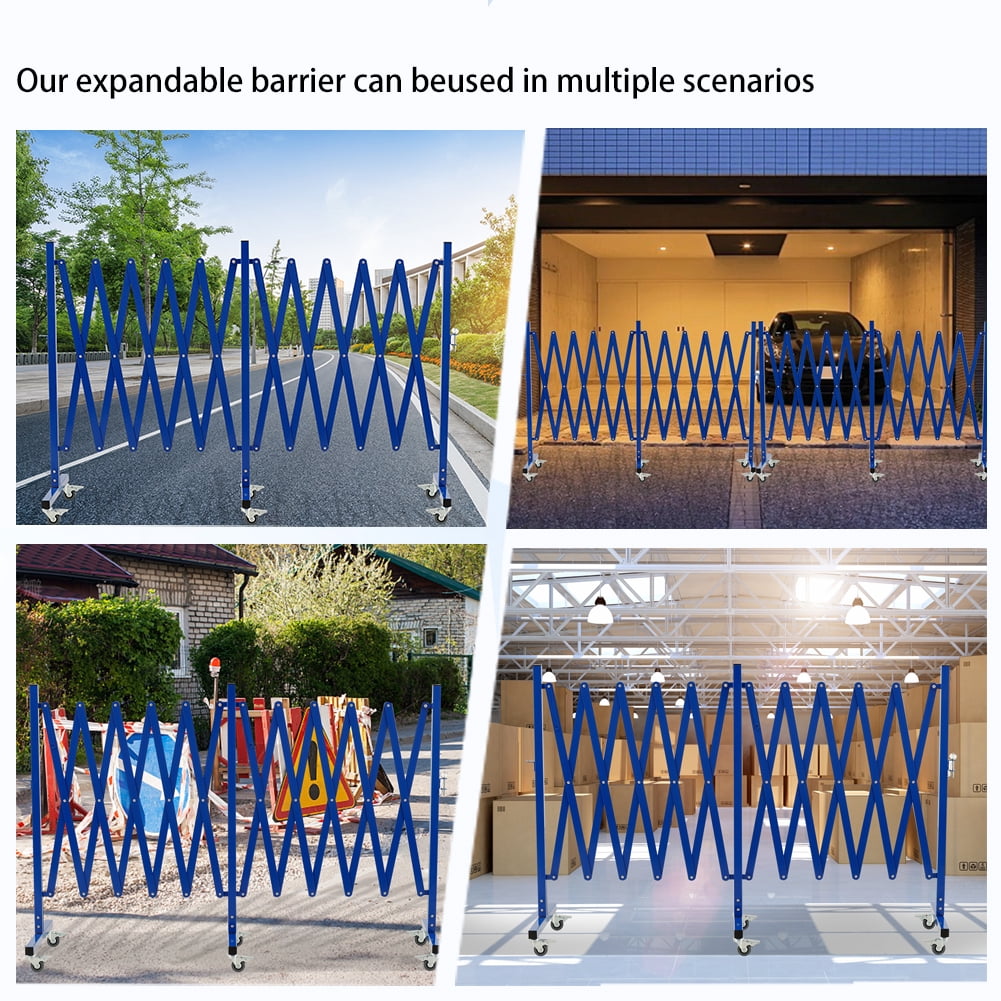 Industrial Expandable Metal Barricade, 16 FT, Blue, Portable Safety Barrier with Casters, Flexible Fence Mobile Barrier Gate