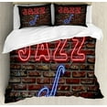 thumbnail image 1 of Music King Size Duvet Cover Set, Image of Alluring Neon All Jazz Sign with Saxophone Instrument on Brick Wall Print, Decorative 3 Piece Bedding Set with 2 Pillow Shams, Red Blue, by Ambesonne, 1 of 3