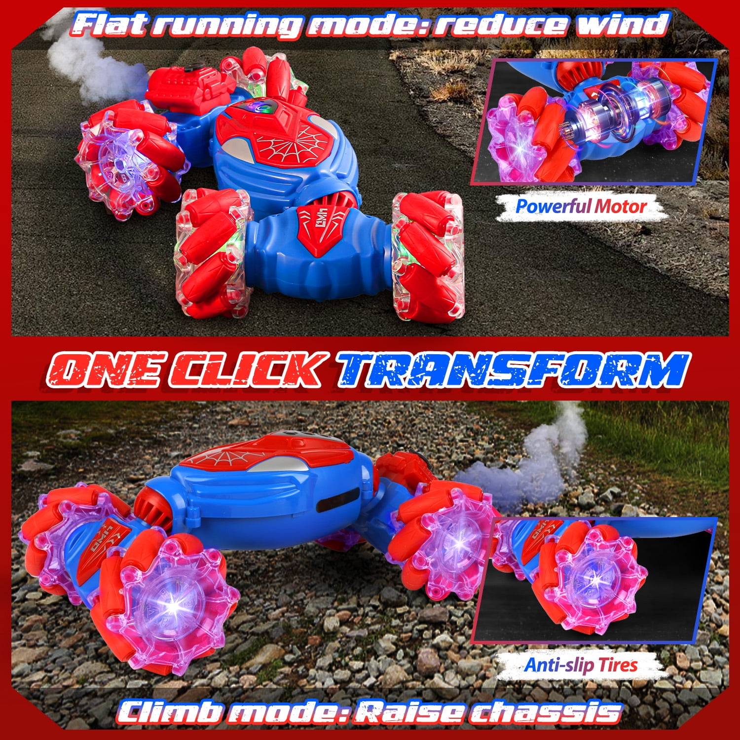 Huge Wave Remote Control Car for Boys, 2.4GHz 4WD Gesture Sensing RC Stunt Car Toys, 360° Rotating Double Sided with LED Lights, Birthday Gift for Kids Aged 4-8