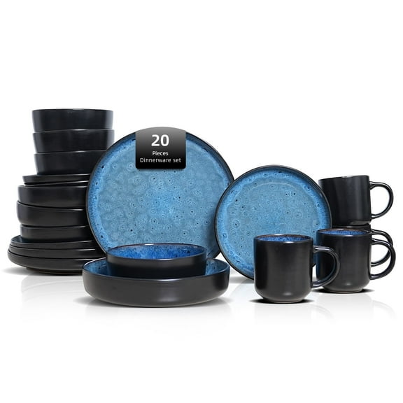 HomeVss 20-Piece plates and bowls sets - Serves 4, Reactive Glaze Dinnerware Set Bubble Blue, Microwave & Dishwasher Safe