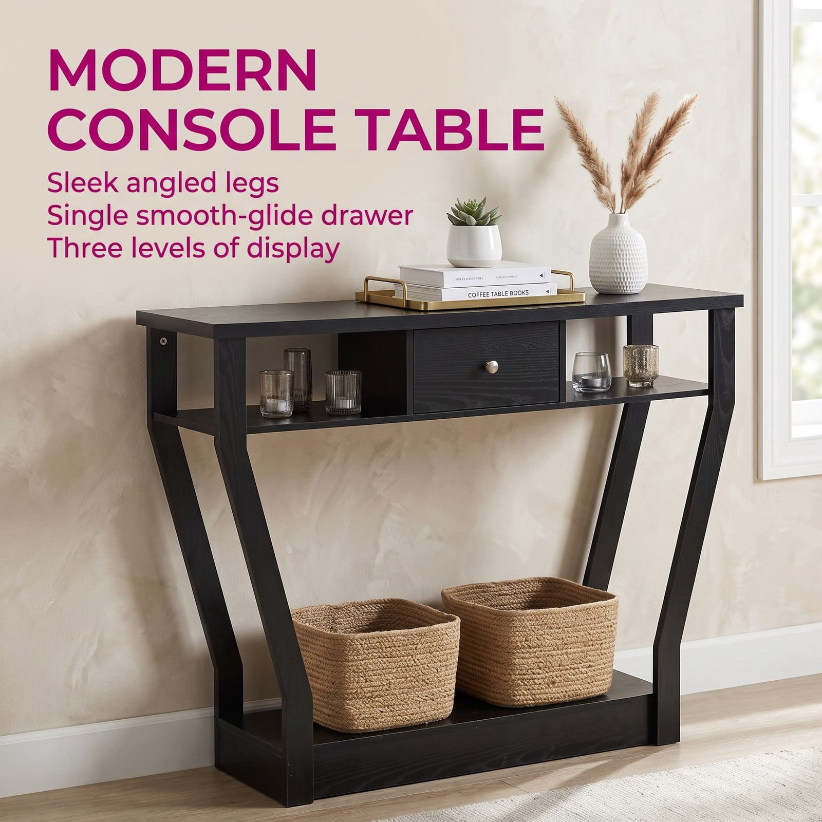Furnibear Curved Frame Console Table with Storage Drawer and Open Shelves and Angled Legs for Entryway and Hallway, Black