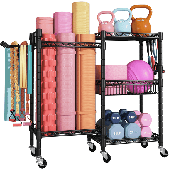 FUTASSI 3-Tier Home Gym Storage Rack with Wheels for Dumbbells and Yoga Mats