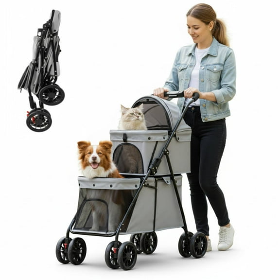MINGYI 4-in-1 Double Pet Stroller for Medium Small Dogs and Cats ,2 Tier Pet Stroller,Portable Kittens Puppies Travel Strolling Cart (Gray)
