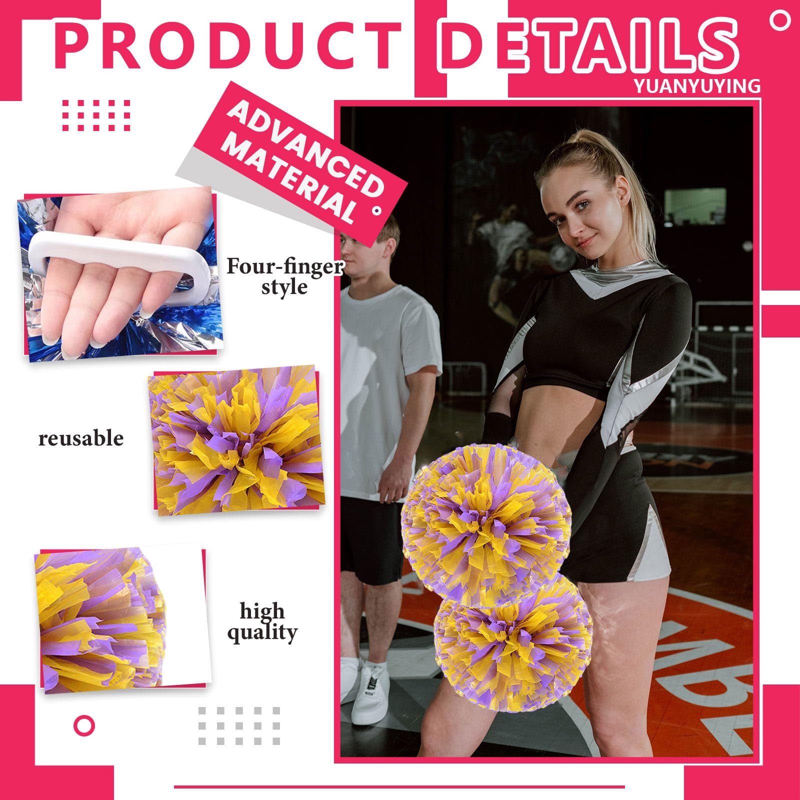 Cheer Pom Poms 8 Pcs Four Finger Handle, Cheerleading Handheld Squad Pompoms for Sports Team Cheer Spirit Games Dance Party Adults