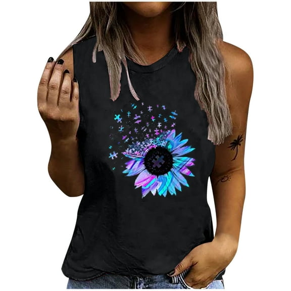 USSUMA Plus Womens Tops Dressy Casual Summer Sunflower Graphic Tank Tops for Women Graphic Tee Tops Sleeveless Loose T Shirts Blouse