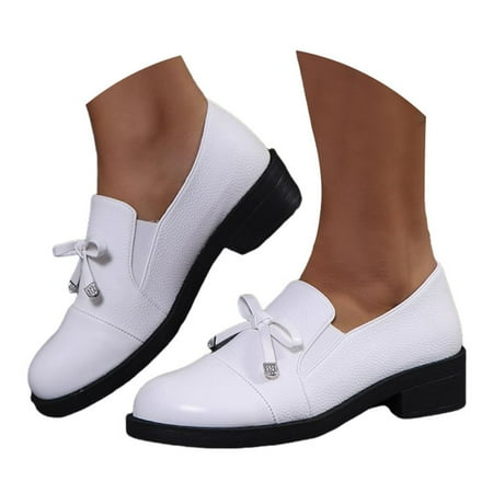 Mepaouo Women s Dress Shoes Bow Decor Round Toe Casual Loafers Bright Leather Walking Shoes
