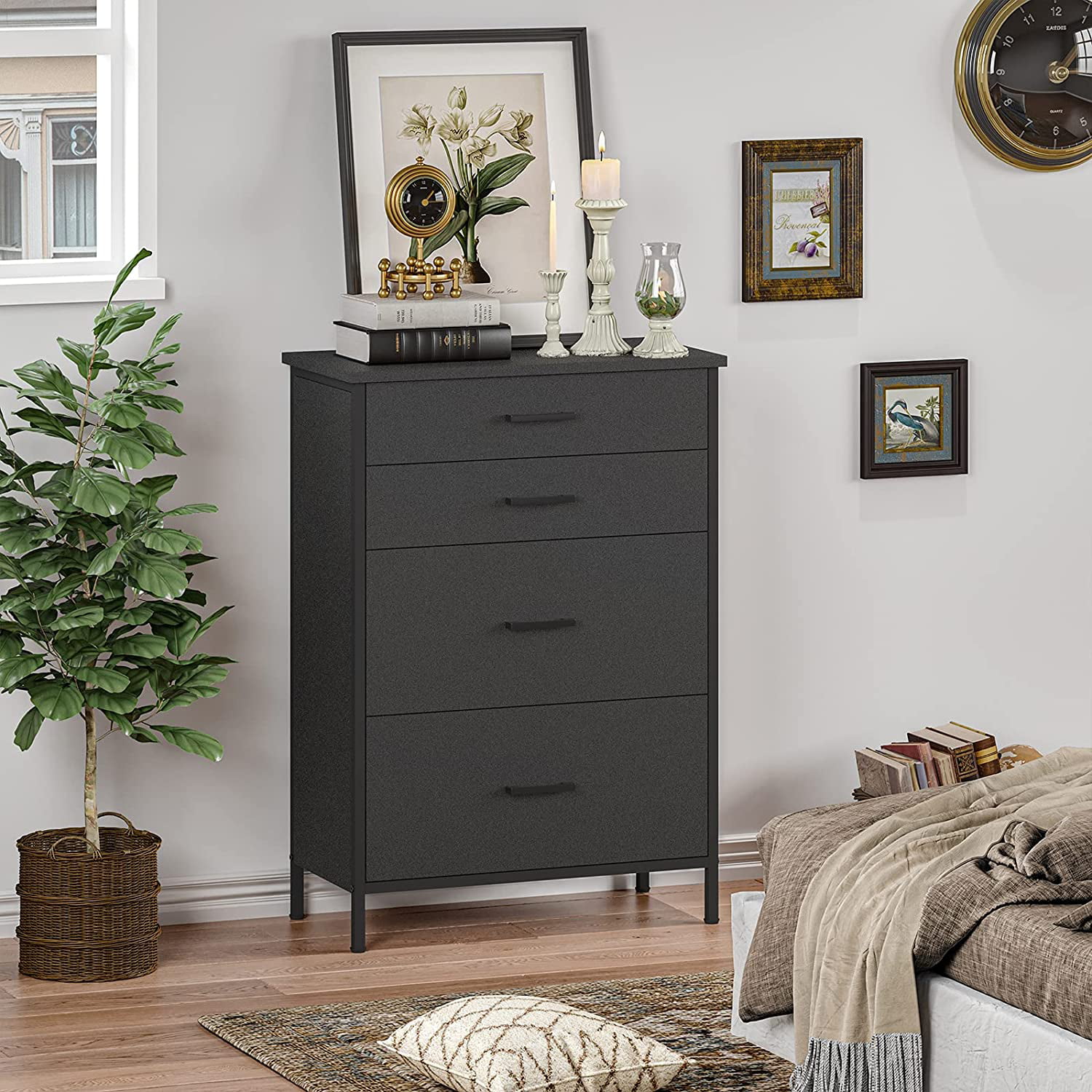 4-Drawer Dresser Chest Clothes Storage Modern Bedroom Cabinet Wood Black 