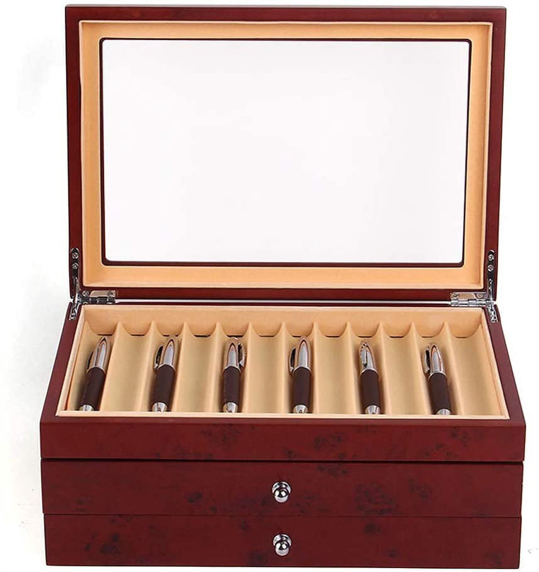 ANQIDI Pen Box 3 Layers High-grade 34 Slots Sandalwood Wood Fountain Pen Storage Collector Box with Glass Lid and Drawer (​Red)
