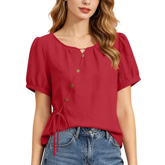 Sexlip Women's Blouse Short Sleeve Loose Fit Trendy Design Versatile Styling Breathable Wear Fashion Forward Modern Style Red XXL