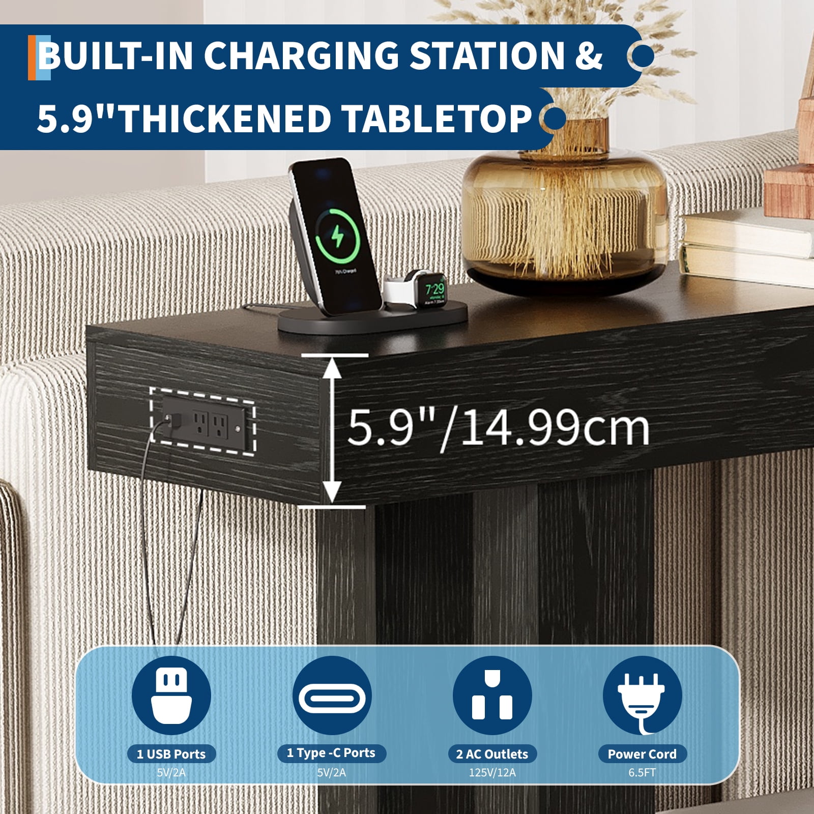 63 Inch Console Table with Power Outlet, Extra Long Sofa Table Behind Couch with USB & Type c Ports, Narrow Entryway Table for Hallway, Entrance, Living Room, 33.3" High
