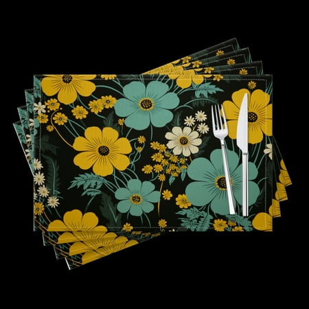 

Bahomeck Placemats Set Of 4 Rectangle Linen Cotton Placemats For Dining Table Fade Resistance Washable Heat Resistant，18*12Inch Retro Teal And Yellow Flowers On Black Background