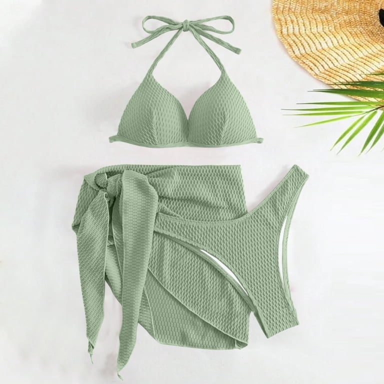 sexy 3 piece bathing suit ZQGJB 3 Piece Swimsuit for Women Summer Solid Thong Bikini Set with Wrap  Swim Skirt Sexy Push Up Padded V Neck Bathing Suit Beachwear(Yellow,M) main image 1