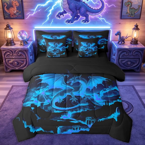Feelyou Ghost Dragon Animal Twin Bedding Sets for Kids Boys Girls, Volcano Mountain Bedding Comforter Set, Black Blue, Black Reversible, 7pcs